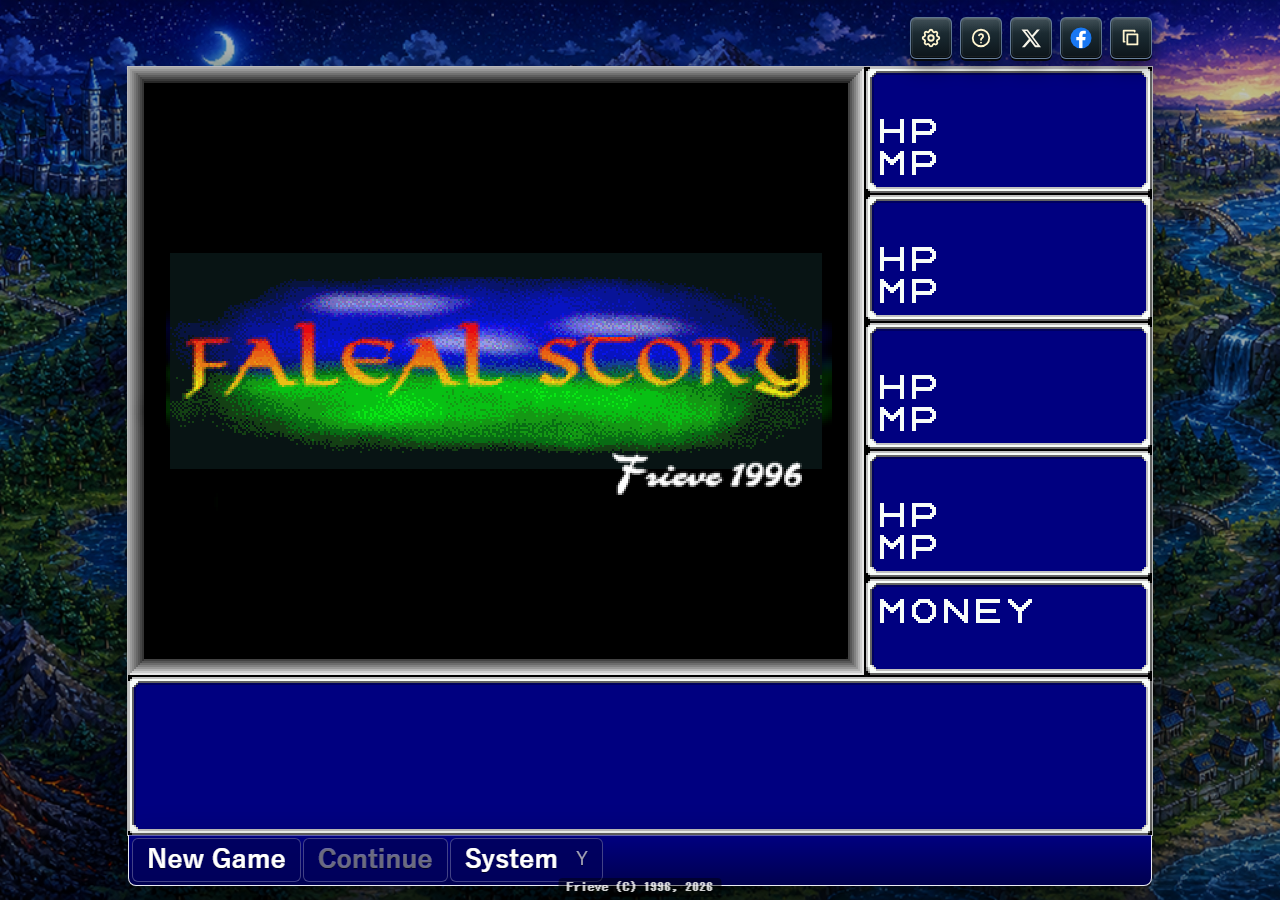 Faleal Story Classic title screen with English menu commands